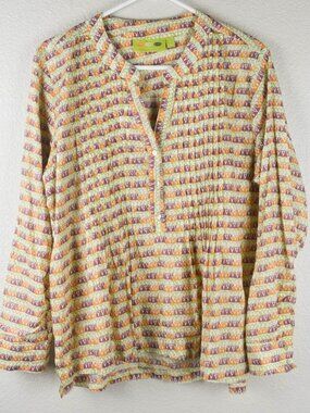 Rock Flower Paper Womens L Orange Batik Pleated Split Neck Blouse Top Popover